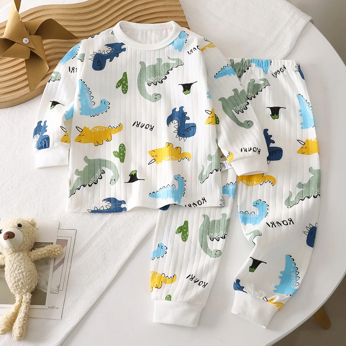 Kids Autumn Pure Cotton Warm Pajamas Boys Girls Cute Cartoon Long Sleeve T-Shirt + Pants Toddler Baby Underwear Clothing Sets
