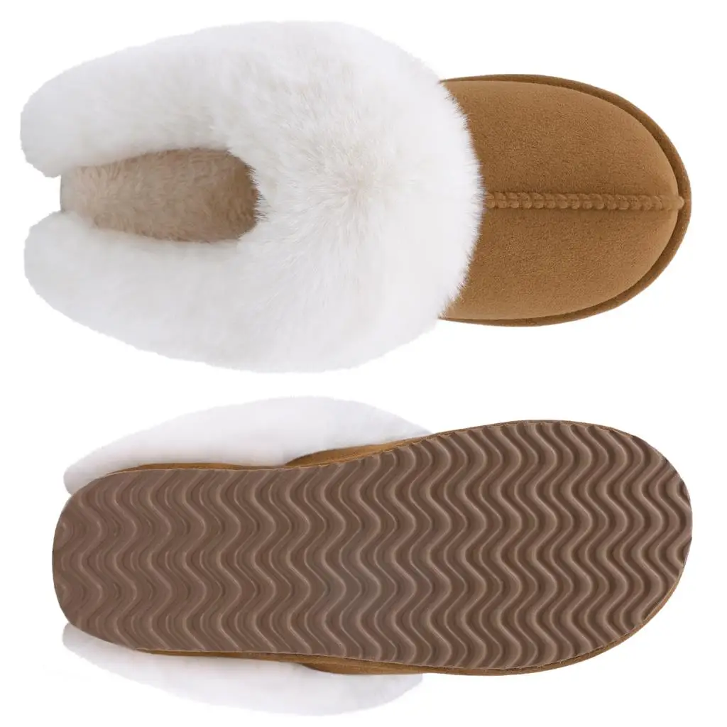 Shevalues New Plush Fur Slippers Home Women Winter Fluffy Faux Fur Collar House Slippers Furry Memory Foam Slides Indoor Outdoor