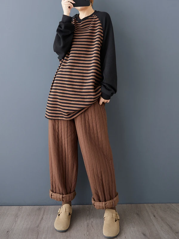 الكورية Sle حجم كبير Fce اصطف Brued هوديي المرأة الخريف الشتاء وصول جديد مخطط فضفاض صالح مريحة البلوز