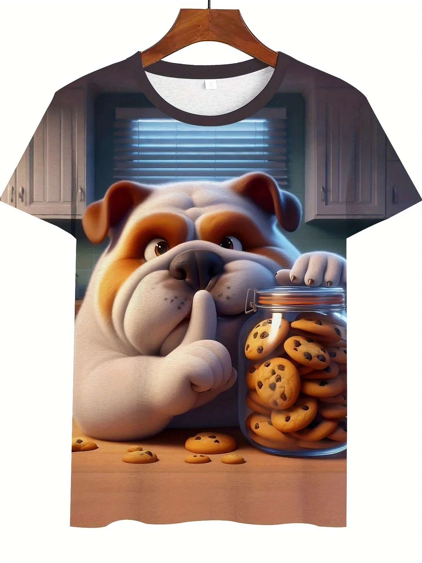 Men's Cartoon Bulldog Steal Cookie Print T-Shirt Funny Shush Gesture Pet Crew Neck Casual Tee