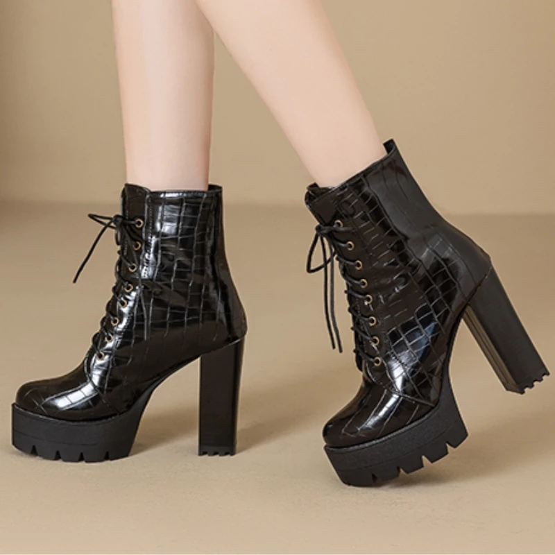 

Женские ботильоны на платформе, зимние высокие каблуки, готические короткие ботинки для женщин, красные, черные, белые вечерние туфли, женские модные большие размеры