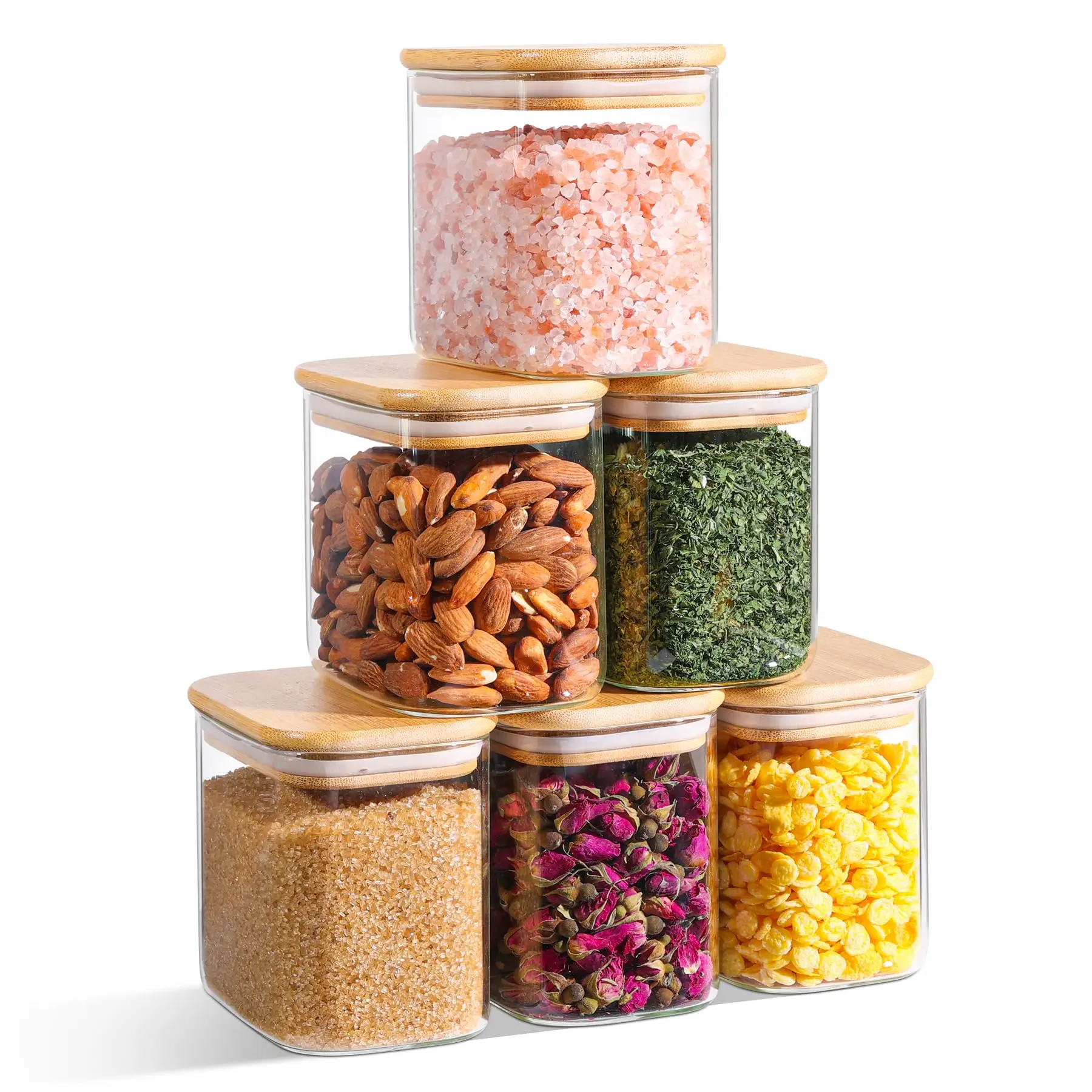 Rectangle Clear Storage Jars with Bamboo Lids For Sugar Coffee Pantry Organizer Container for Pasta Tea Candy Nuts