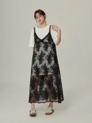 Transparent Black Lace One-piece Dress Women Spring Summer V-neck Sleeveless Dress Korean Style Fashion Ladies Midi Slip Dress
