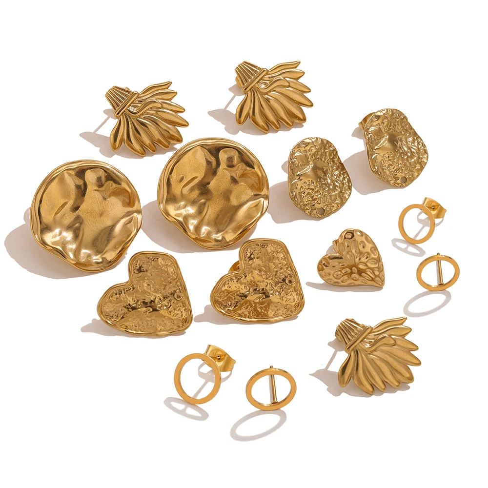 

6PCS 18K Gold Vacuum Plated Stainless Steel Textured Sun Heart Leaf Earring Studs Posts Set DIY Jewelry Making Bulk Bases Findin