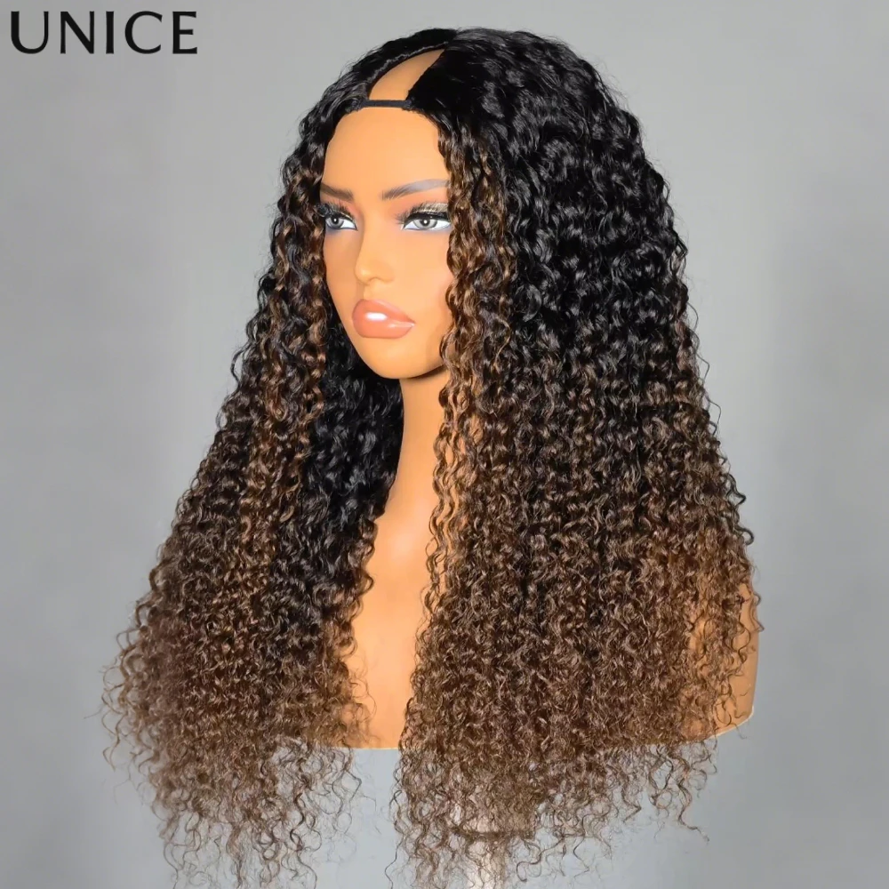 UNice Chesnut Brown Ombre Curly V Part Wig With Drawstring 100% Human Hair Wigs No Glue Fit For All Head Sizes 150% Density