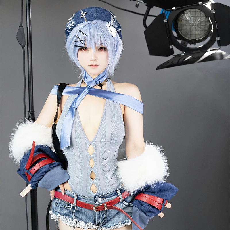 

New Ayanami Rei Anime EVA Cosplay Costume Women Casual Coat Hat Jeans Belt Accessories Prop Set Halloween Party Uniform S-XL