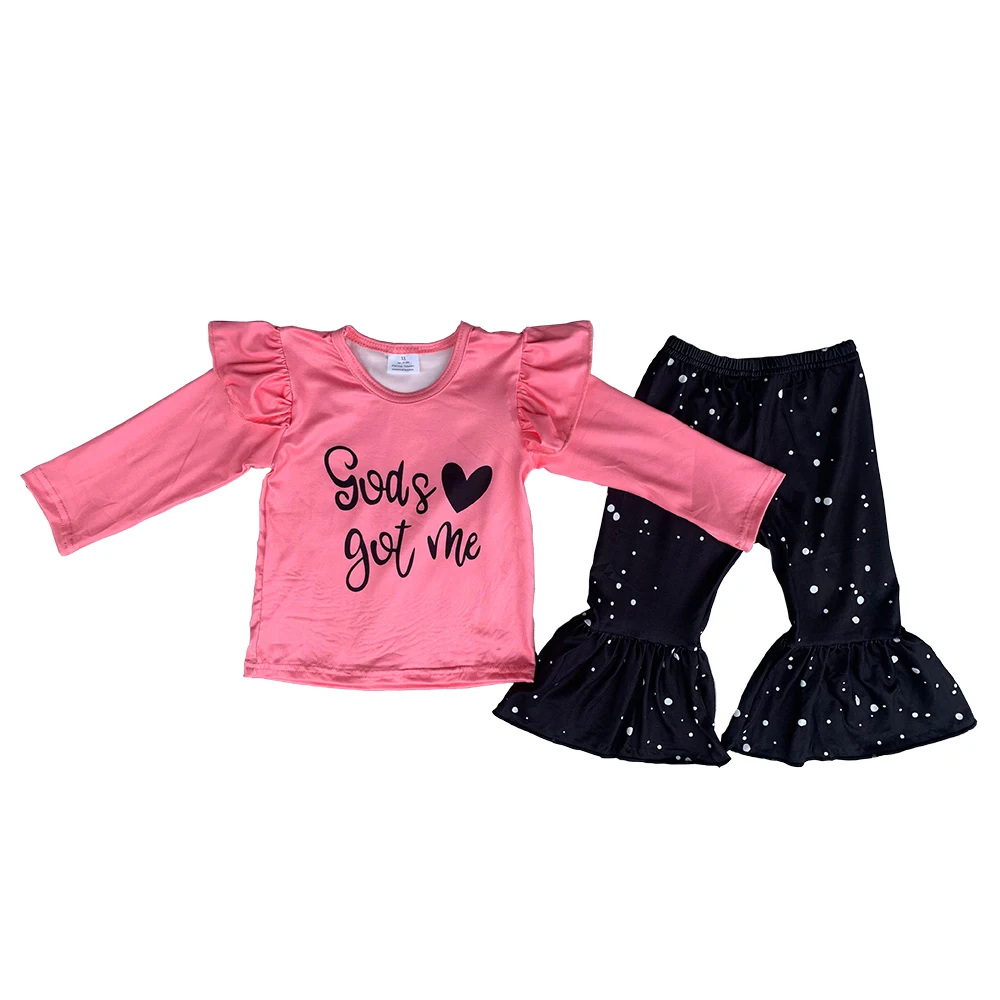 

Toddler girls boutique suit pink long sleeve top black bell bottoms girls clothing wholesale