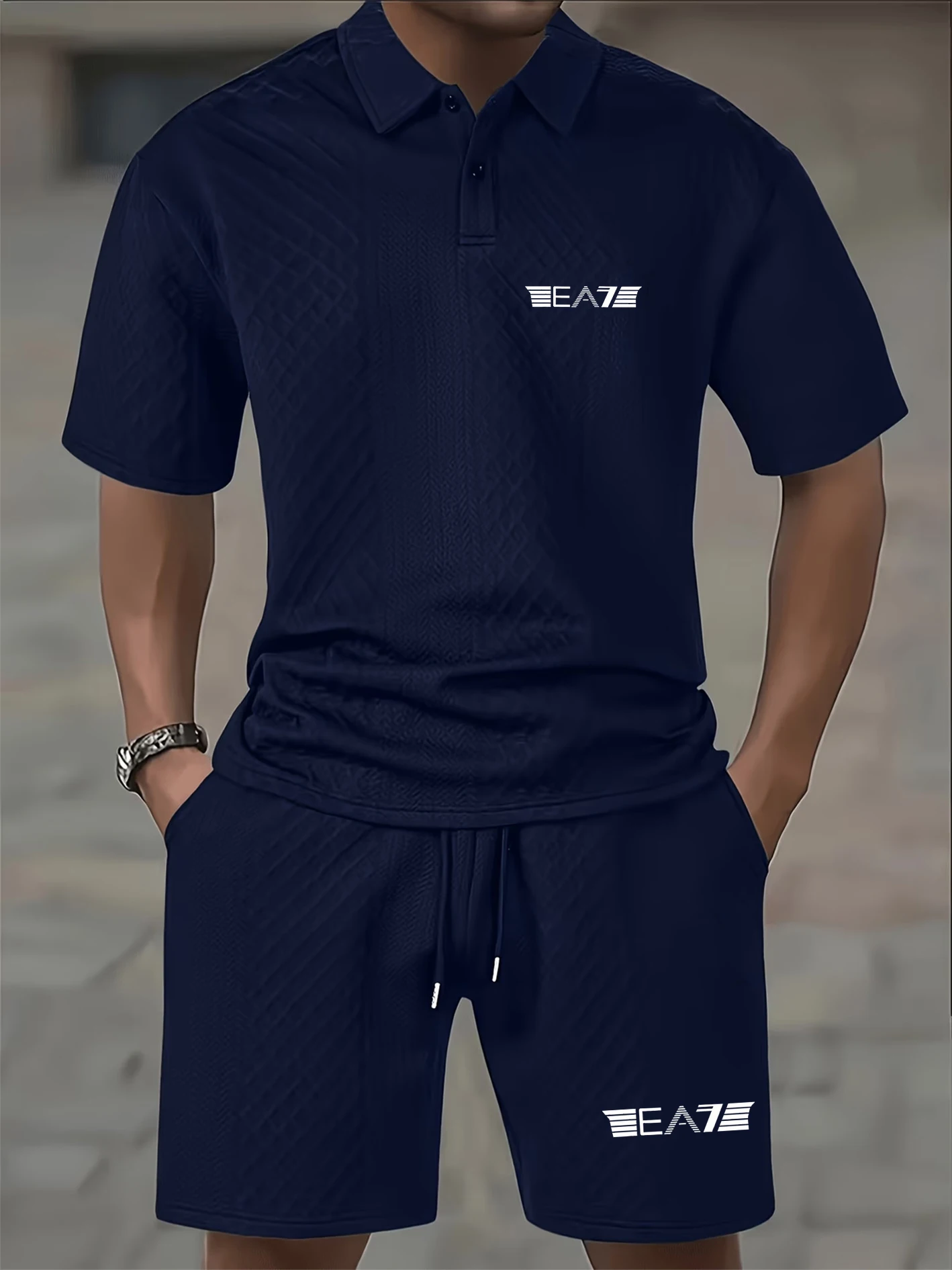 

Men's Waffle Knit Polo Shirt Set, Breathable Textured Fabric, Lapel with Two-button Placket, Slim-fit. Versatile for Casual Sp