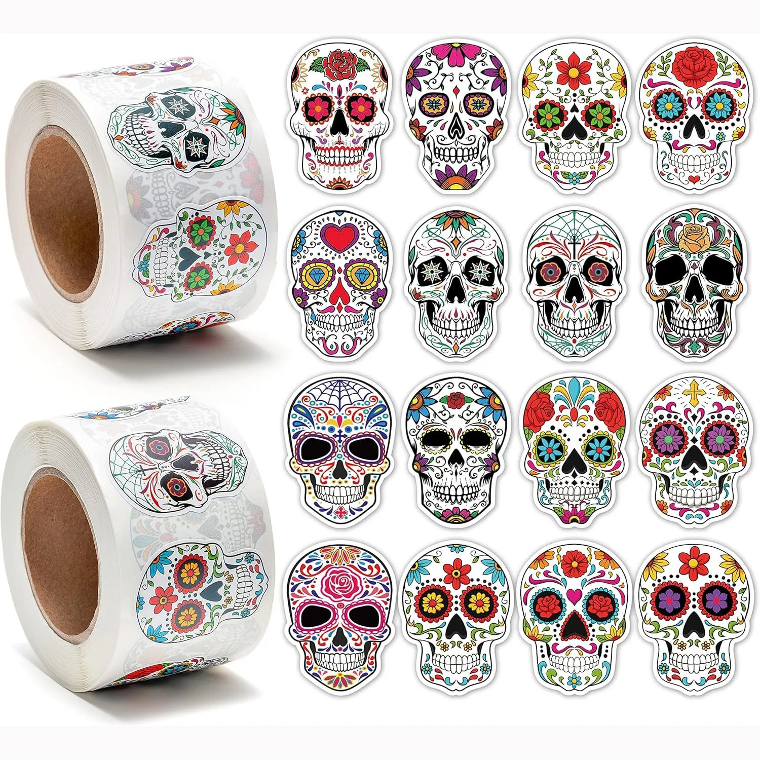 500 Stück Totenkopf-Aufkleber, Halloween-Süßigkeiten-Schädel-Aufkleber, Dia de Los Muertos Mexiko, Tag der Toten, Aufkleber für Halloween-Party, Geschenk