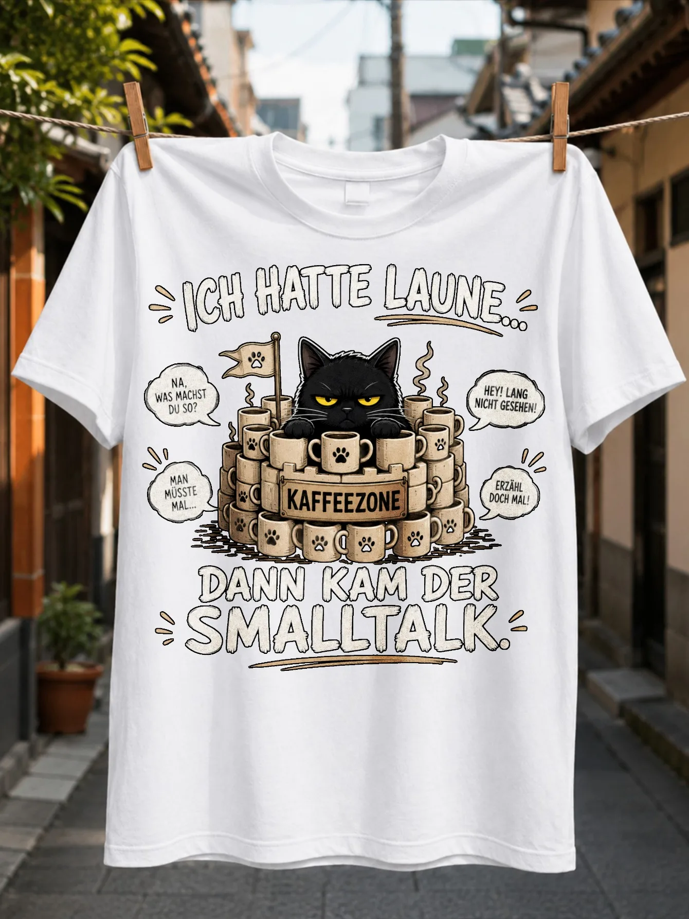 German Smalltalk Cat with cat hiding in coffee cup fortress Kaffeezone Fl-ag and talkative people  Unisex All T-Shirt