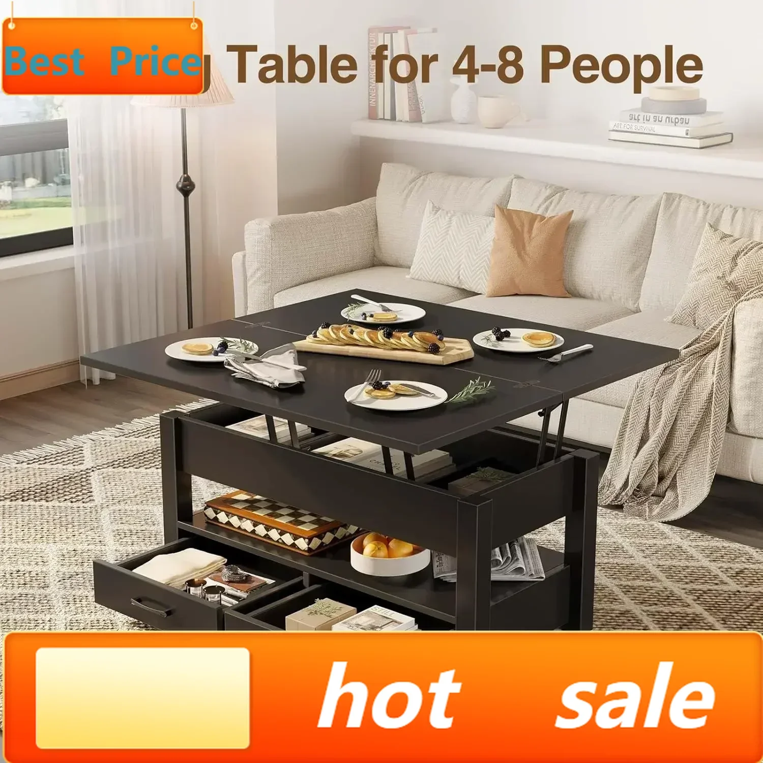 

BestsellerCoffee Table Lift Top, Drawers and Hidden Compartment, Coffee Table Dining Table for Living Room, Home Office,Black