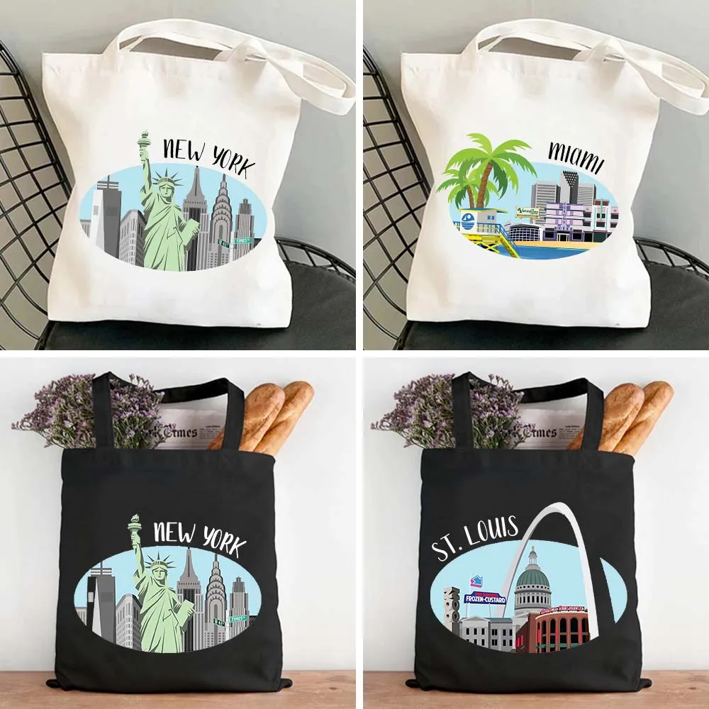 New York Chicago Miami DC Nashville City Skyline Illustrazione Borsa shopper in tela da donna in cotone Borsa shopping Borse a tracolla