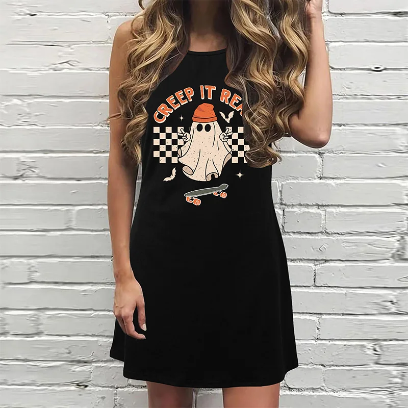 Women's Casual Short Sleeved T-shirt Dress, Retro O-neck Halloween Printed Loose Mini Skirt, Elegant and Simple Street Clothing