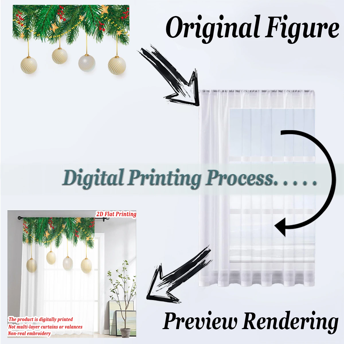 Christmas Flat Printing Sheer Curtain with Christmas Ball Star Pine Branch Berry for Living Room Bedroom Decor Holiday Party