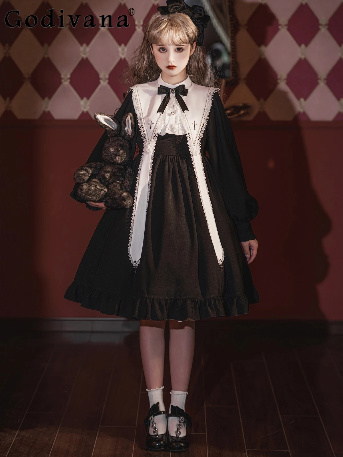 Autumn Winter Halloween Nun Style Dress for Women Lolita Dress Fake Collar Detachable Vintage Dresses Clothing