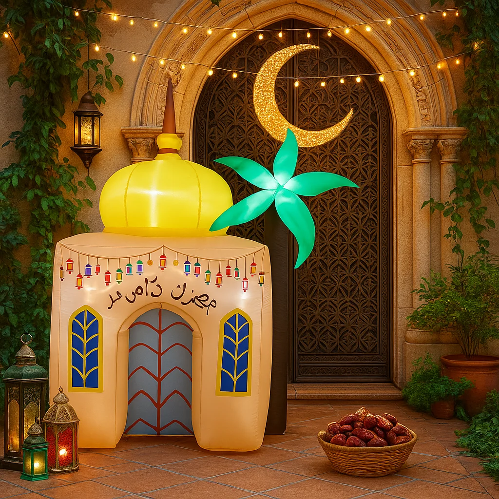 Jouet gonflable de 7,8 pieds, décor de mosquée gonflable du Ramadan, texte du Ramadan Kareem, dôme jaune, palmier vert, gonflable islamique du Ramadan