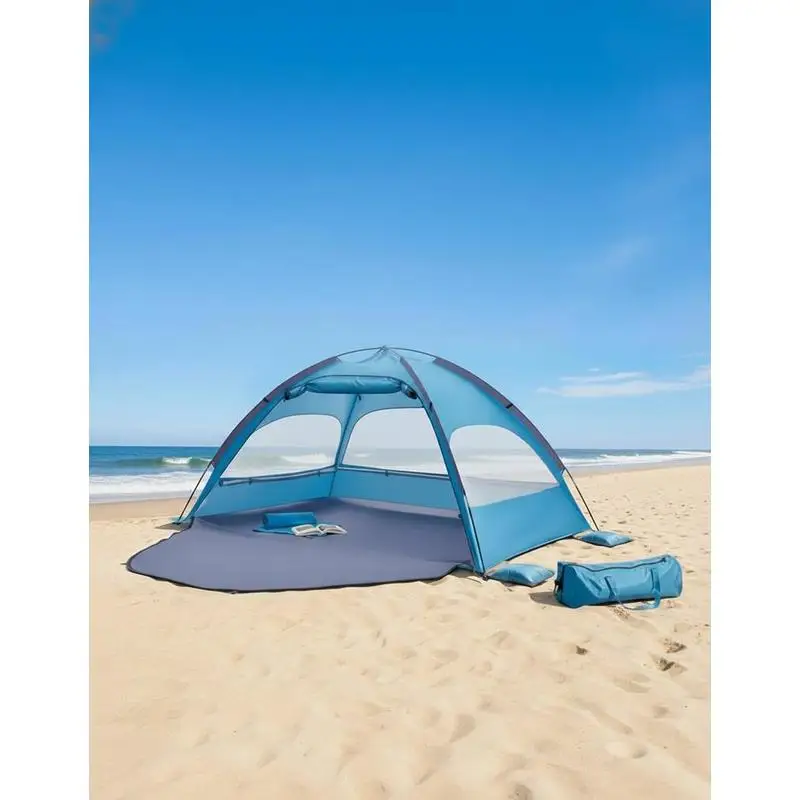 Parasol de plage pour 3 personnes, protection UPF 50+, tente de plage portable avec sac de transport et ancres au sol, parasol de plage léger pour le camping, la pêche, les pique-niques, tente solaire