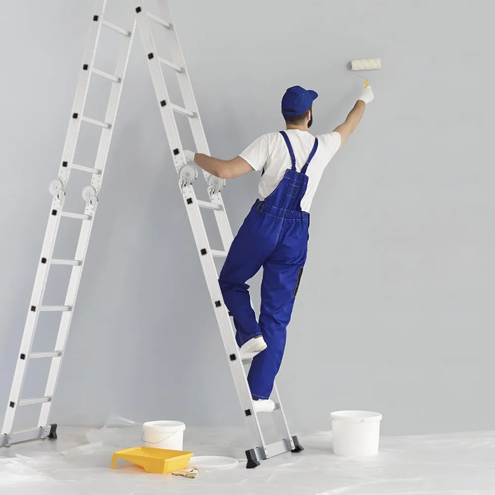 20 FT A-Frame Telescoping Ladder, 10+10 Steps Aluminum Telescopic Ladder Multi-Purpose 2-in-1 Extension Ladder Anti-Slip Feet