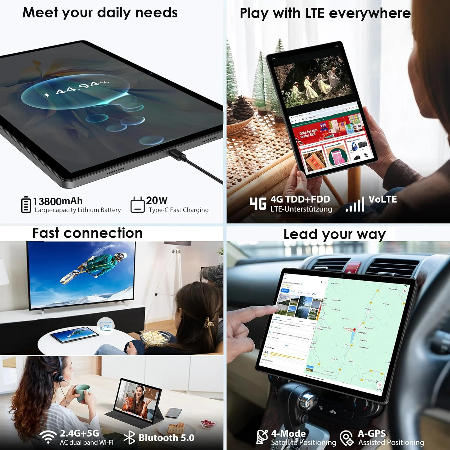 Large Screen 14 inch Android 15 Tablet 20GB RAM 512GB ROM Android 15 Octa-core Processor Wi-Fi 6 BT 5.0 Dual Camera 13800mAh