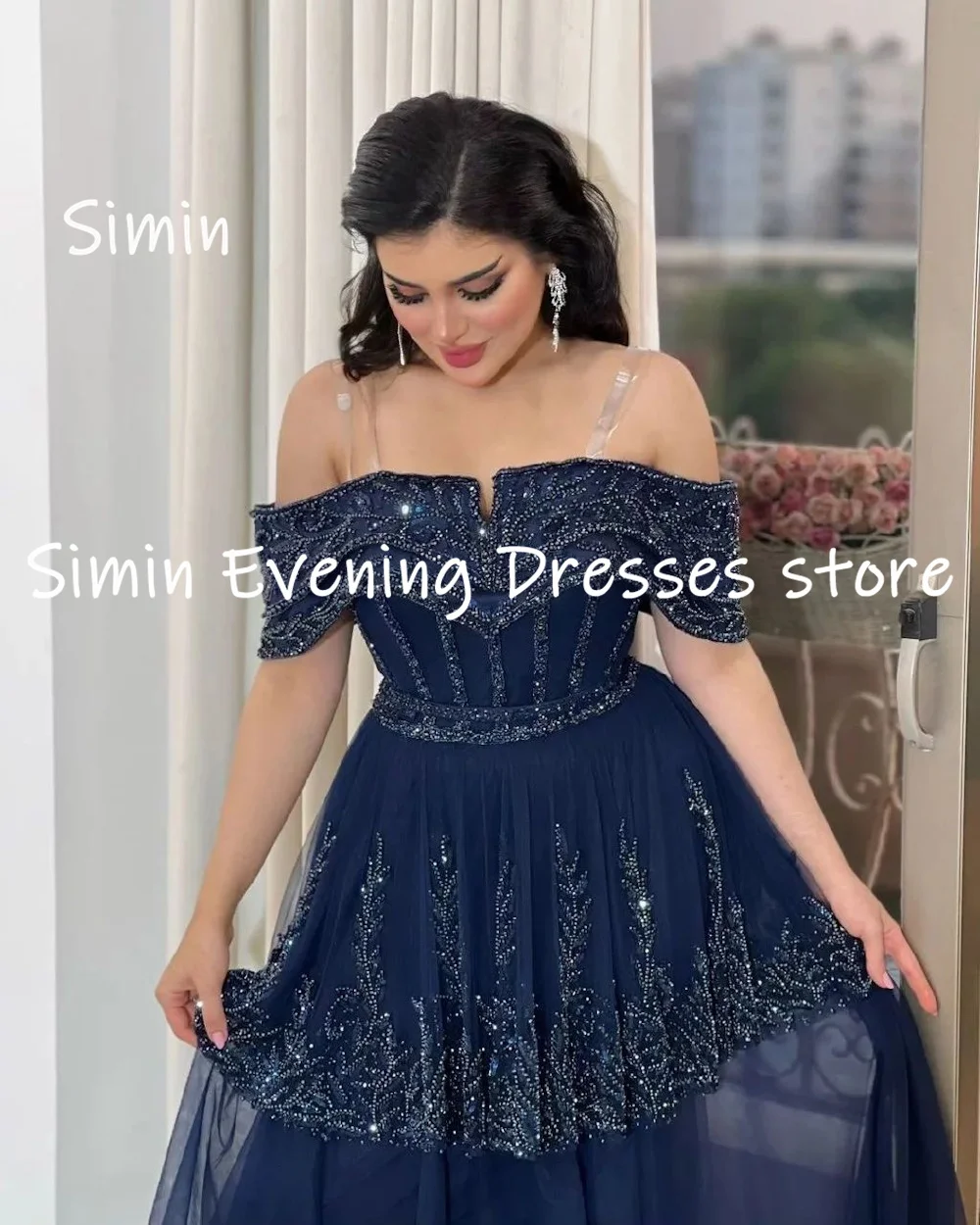 Simin Chiffon A-line Off-the-shoulder Neckline Sequins Prom Gown Ankle-length Evening Elegant Party dresses for women 2023