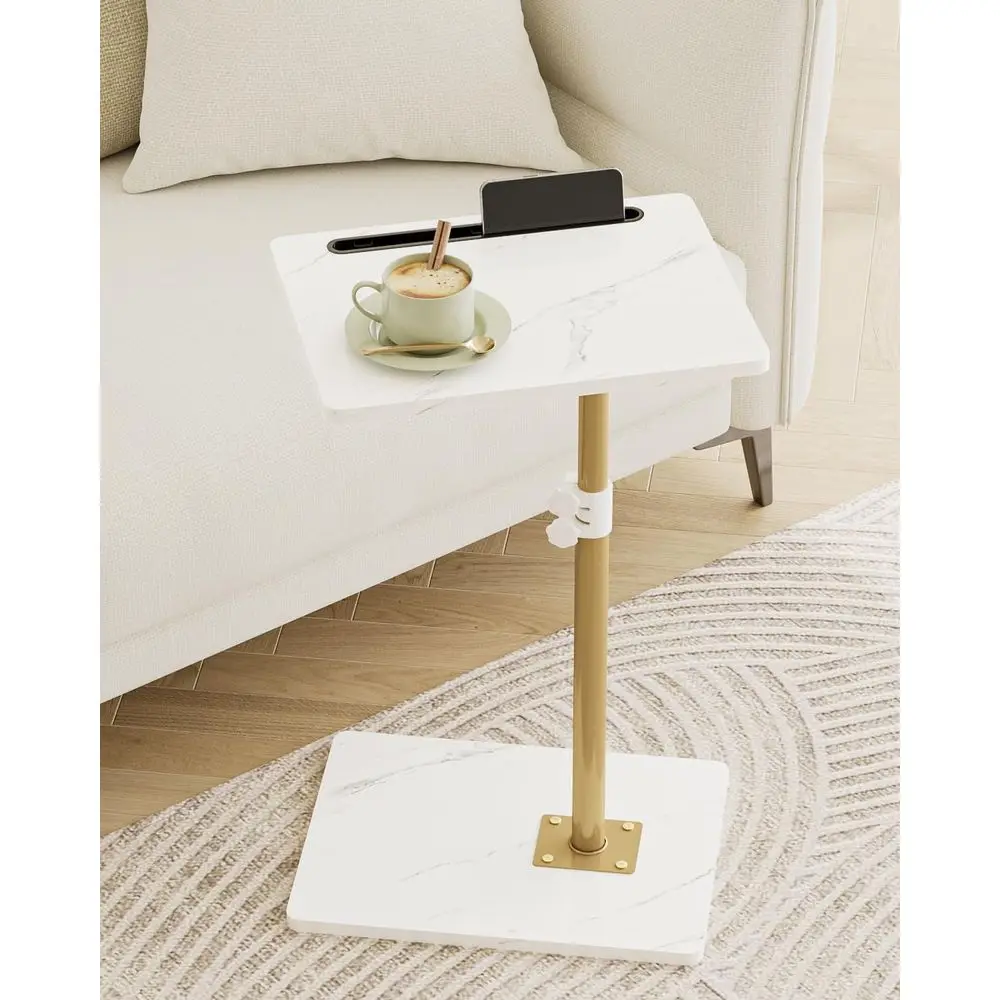 

360° Swivel Adjustable Height End Table, Marble White & Gold, Ideal for Snacks, Couch, Bed, or TV Tray