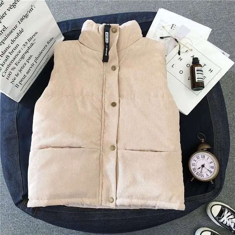 

Women's Vest 2024 Autumn Winter New Loose Versatile Corduroy Stand up Collar Vest Women's Short Down Cotton Jacket Solid Color