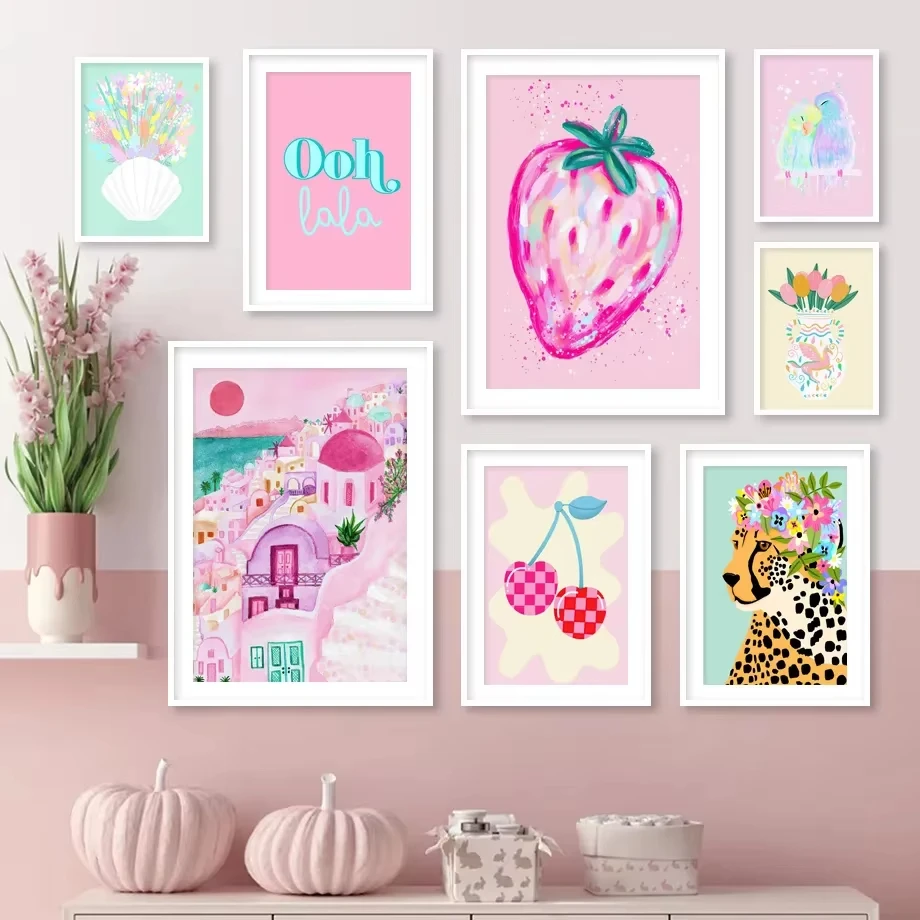 Dopamine Pink-Themed Art Poster Wild Leopards, Lions, Strawberries, Flowers on a Frameless Canvas Print for Home Bedroom Decor