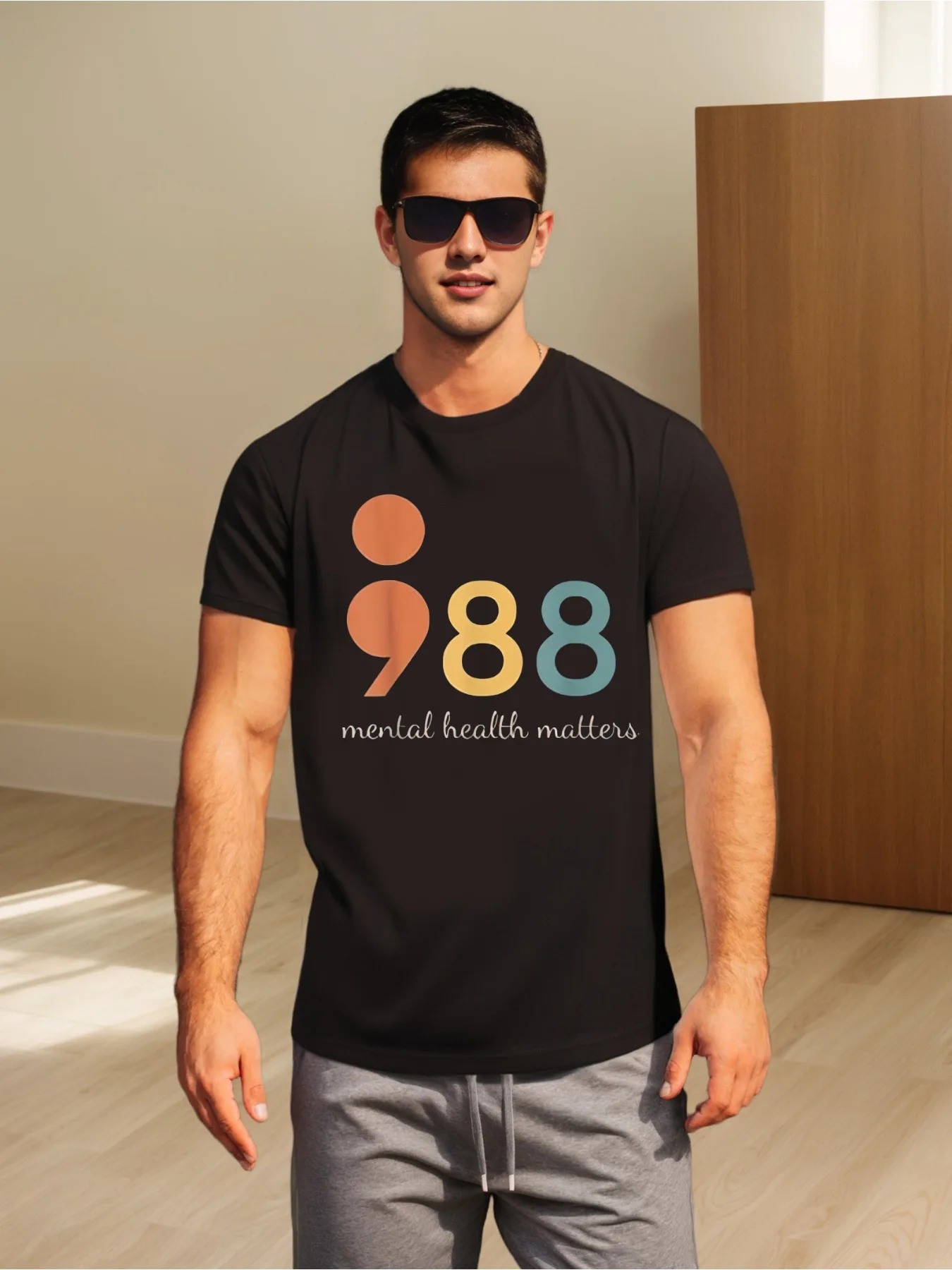 

1pc Men'S Casual Cotton T-Shirt with 988 Mental Health Matters Graphic, Crew Neck, Short Sleeve, All-Season Knit Fabric