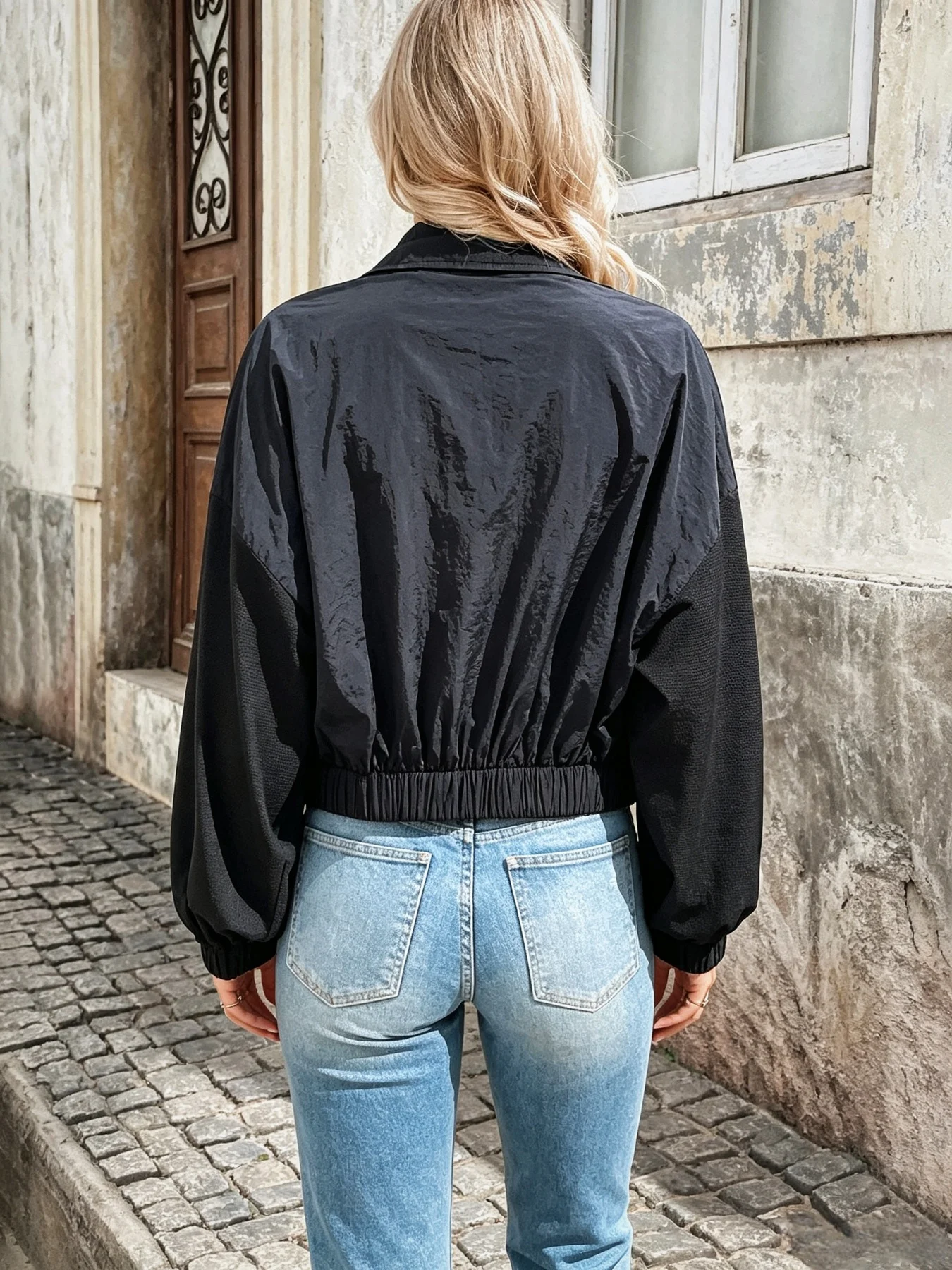 Women Lapel Zip Cropped Bomber Jacket Pocket Drop Shoulder Elastic Hem Spring Casual Outerwear