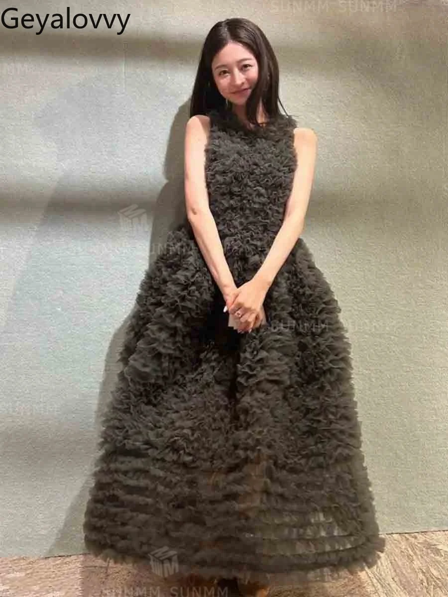 

Premium Japanese Heavy Industry Vest Frilly Cake Layered Dress Summer New Sweet High Waist Round Neck Sleeveless Party Dresses