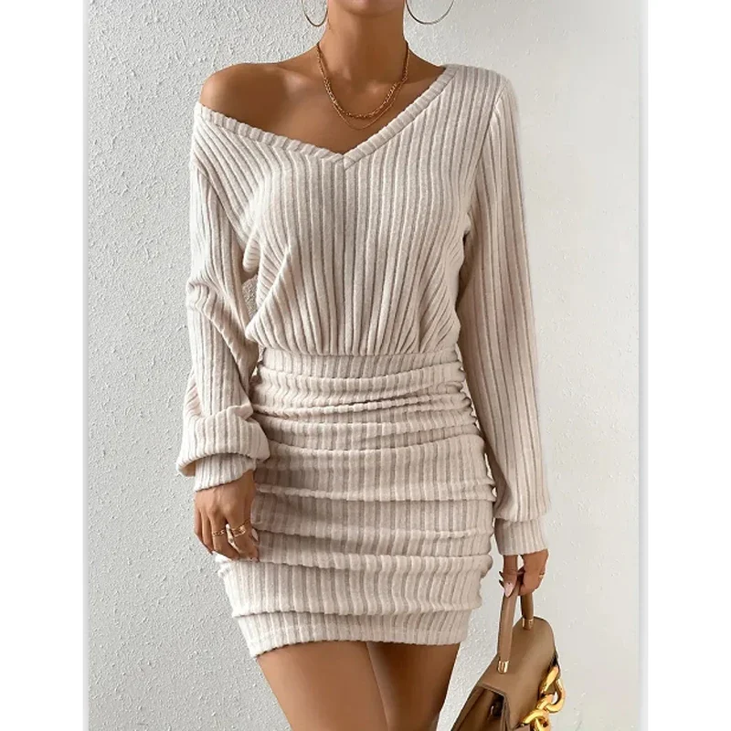 

Women's Autumn Winter Knitted Sweater Mini Dress Female Casual Solid Wrap V-neck Long Sleeve Warm Bodycon Short Dresses Robe