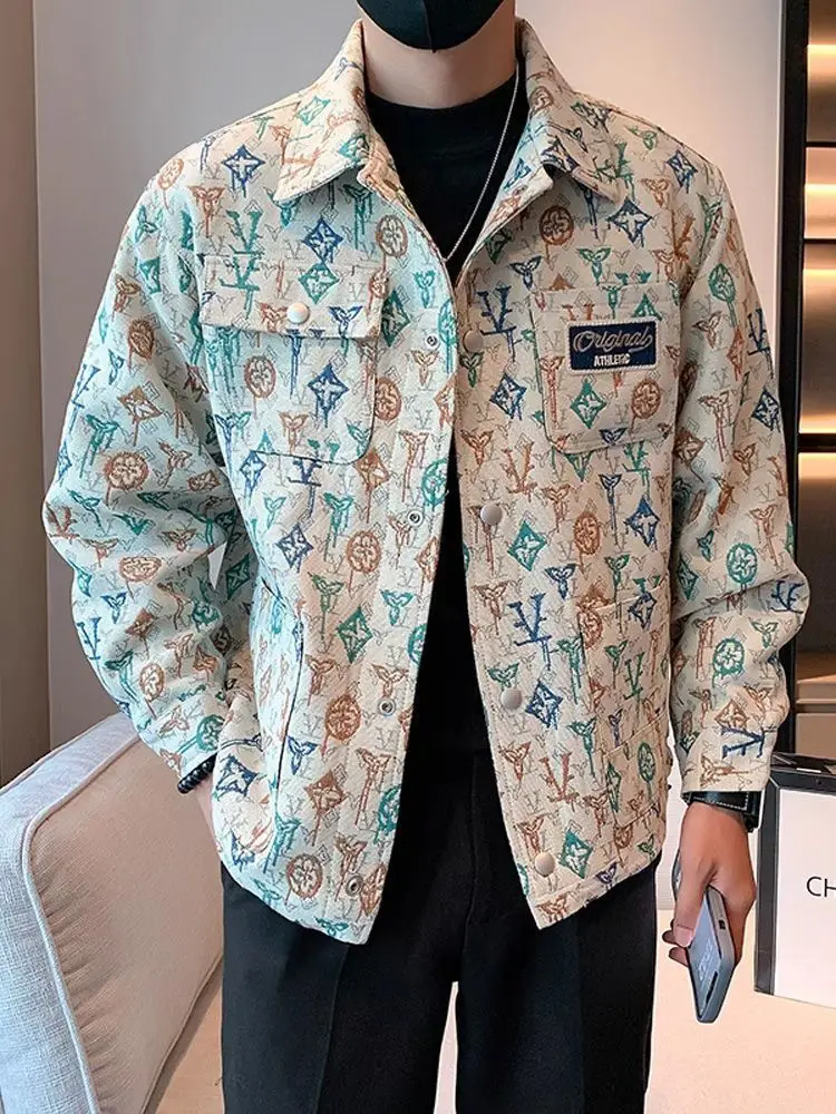 Men's Jacket Autumn New Korean Yarn-dyed Jacquard Ethnic Style Loose Casual Top Jacket