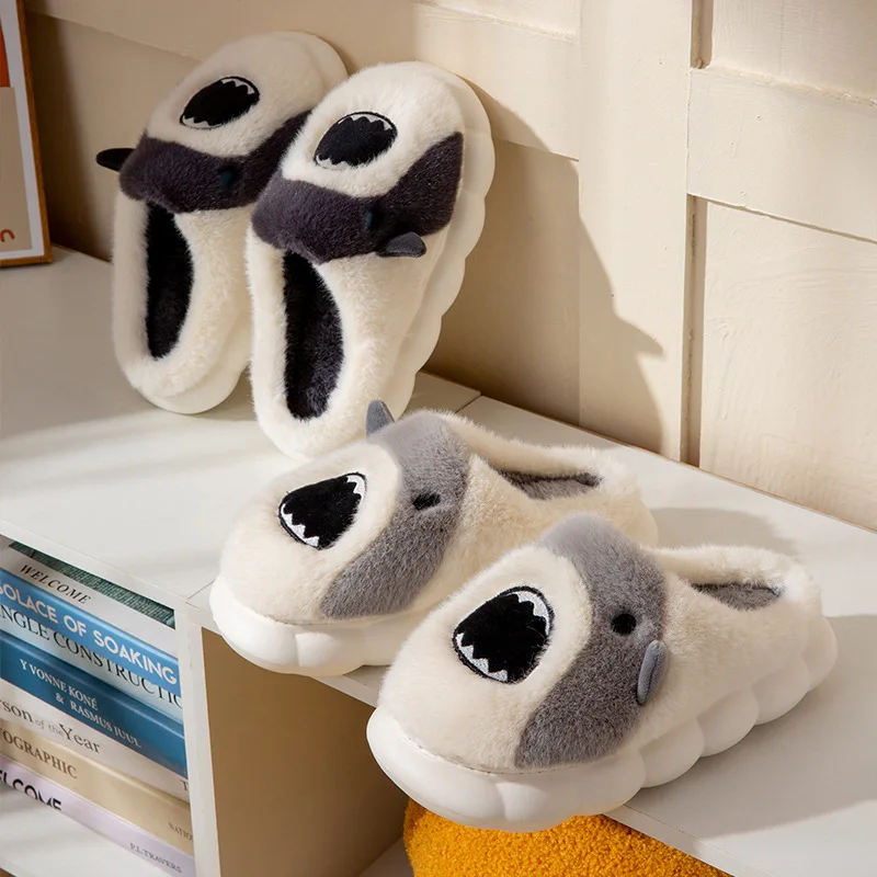House Winter Men Shark Slipper Women Fuzzy Warm Cartoon Funny Fur Plush Non Slip Indoor Lazy Female Home Room Shoe Male Fluffy