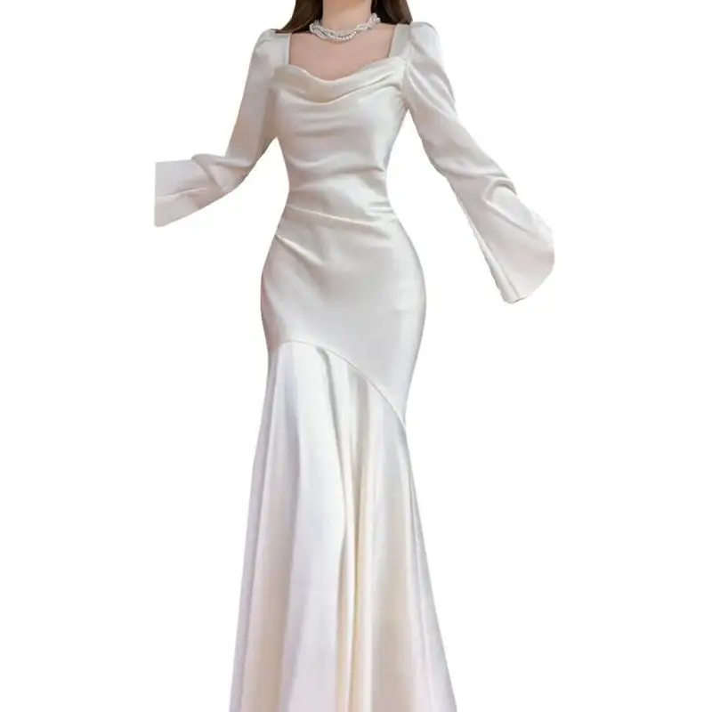 Simple And Elegant Light Satin Mermaid Wedding  Square Collar Long Flare Sleeves Bridal Dresses Gowns Vestido Novia Customized