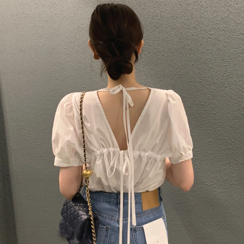 V Neck Camisas De Mujer Temperament Tied Bow Hollow Backless Blouse Chemise Femme White Shirt Blusas Moda 2024 Crop Top