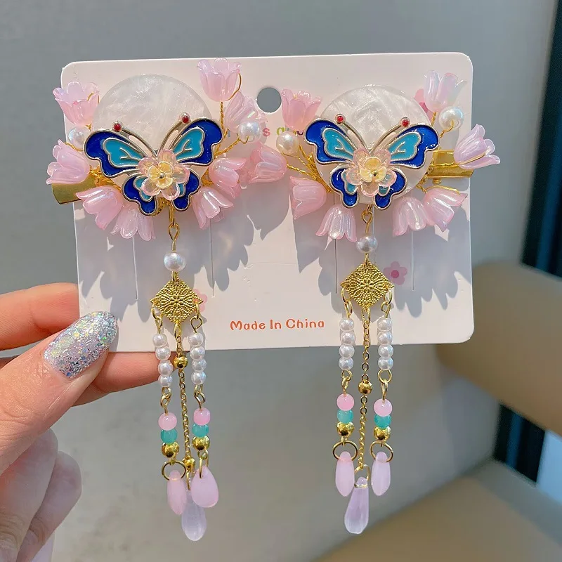 Acessórios de cabelo tradicionais, grampos de cabelo pendurados florais com borlas de borboleta de cristal para meninas, estilo antigo, grampos de cabelo de princesa