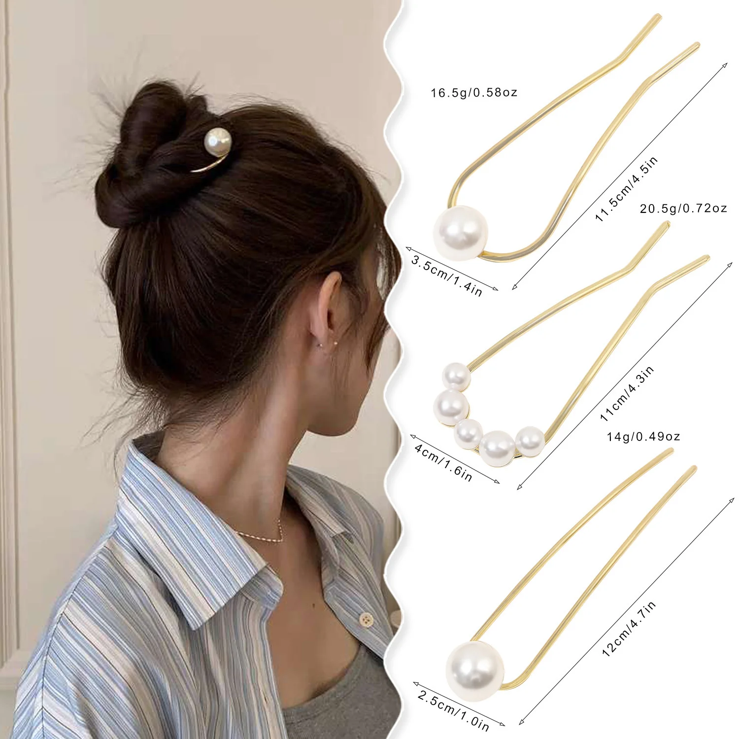 New Metal Vintage U Shape Hairpin Pearls Hair Sticks Long Hair Bun Fixed Hair Clip Wedding Womens Sweet Hair Accessories Hairpin view 5