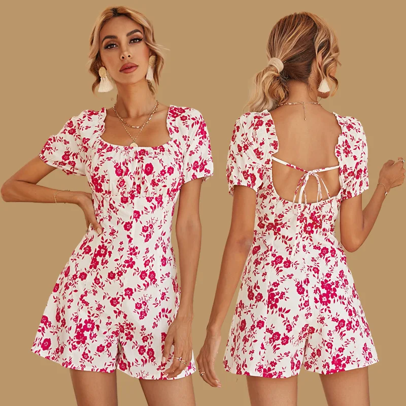 JKW Real Shot Spot Special for Women's Square Collar Back Lace-up Printed Short Jumpsuit