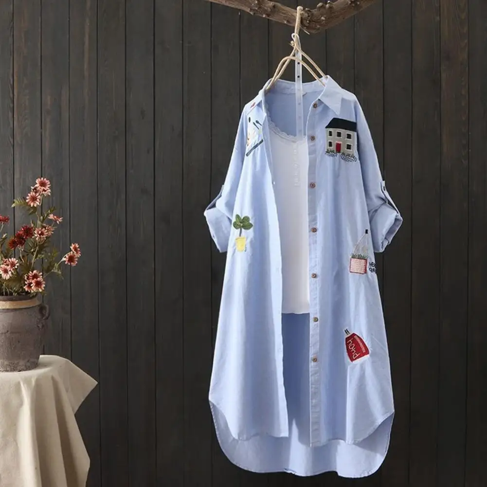 Spring Women Shirt Cartoon Embroidery Loose Irregular Hem Top Solid Color Turn-down Collar Single-breasted Shirt For Daily Wear