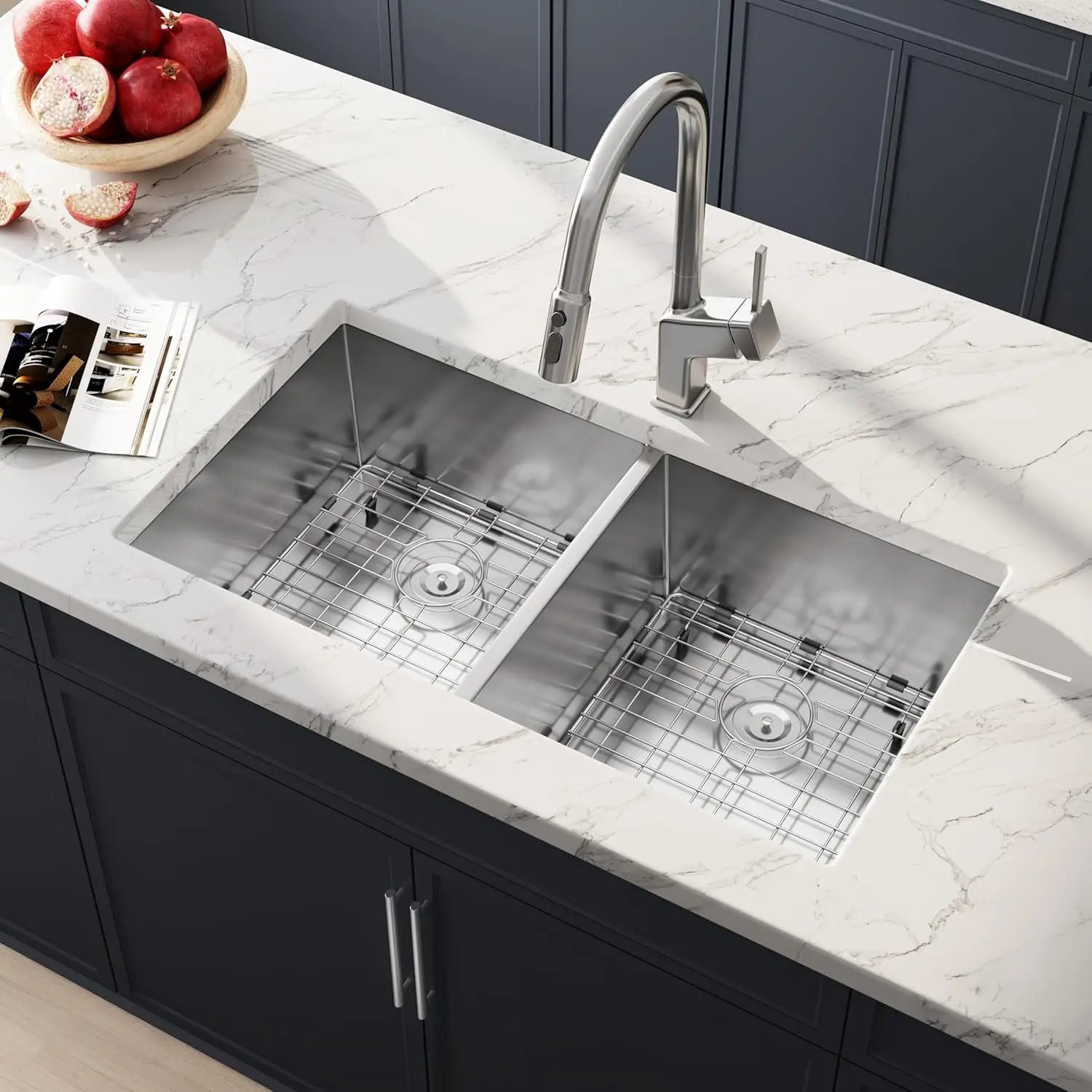 

32" Undermount Double Bowl Kitchen Sink 16 Gauge 304 Stainless Steel Large Deep Basin with Strainer & Grid 32x19x10 Custom