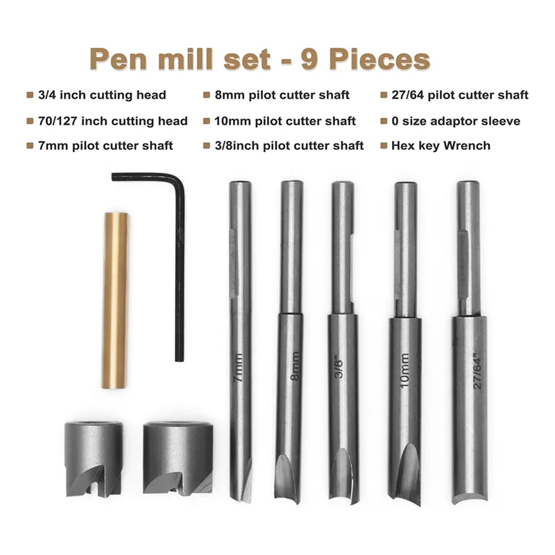 

AA81-Pen Mill Set,Barrel Trimmer System For Pen Kits 7Mm,8Mm,3/8 Inch,27/64 Inch,10Mm Pilot Shafts For Woodworking Pen Kits