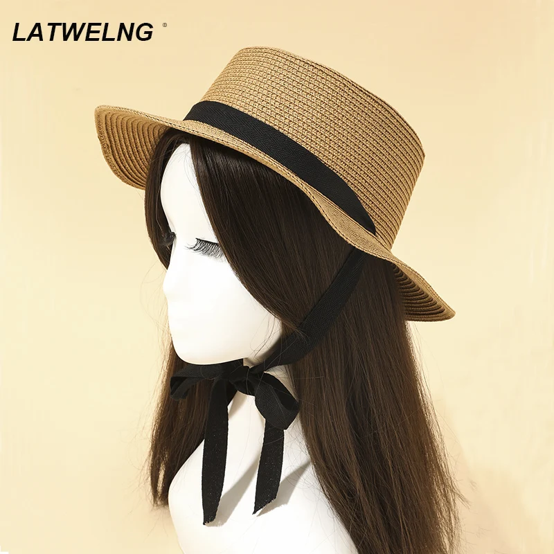 2022 Long Ribbon Decor Straw Hat For Women Summer Boat Hats Ladies Holiday Beach Hats Wholesale