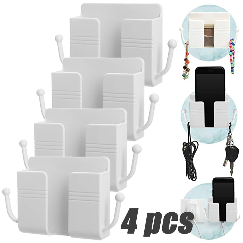 

4/2/1pcs Wall Mounted Mobile Phone Holder Multifunction Holder Remote Control Storage Box Charger Hook Cable Charging Dock Stand