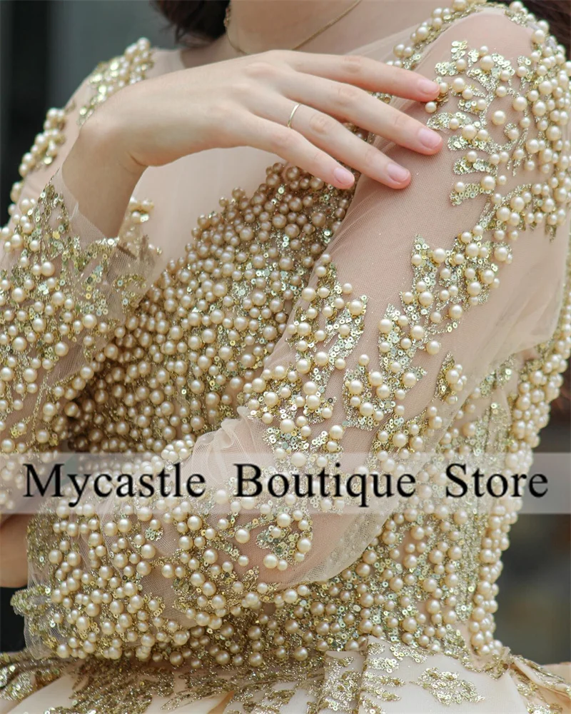 Luxury Shiny Gold Lace Sequins Quinceanera Dress 2024 Long Sleeve Pearls Beaded Ruffles Sweet 16 Dress  Vestidos De XV 15 Anos