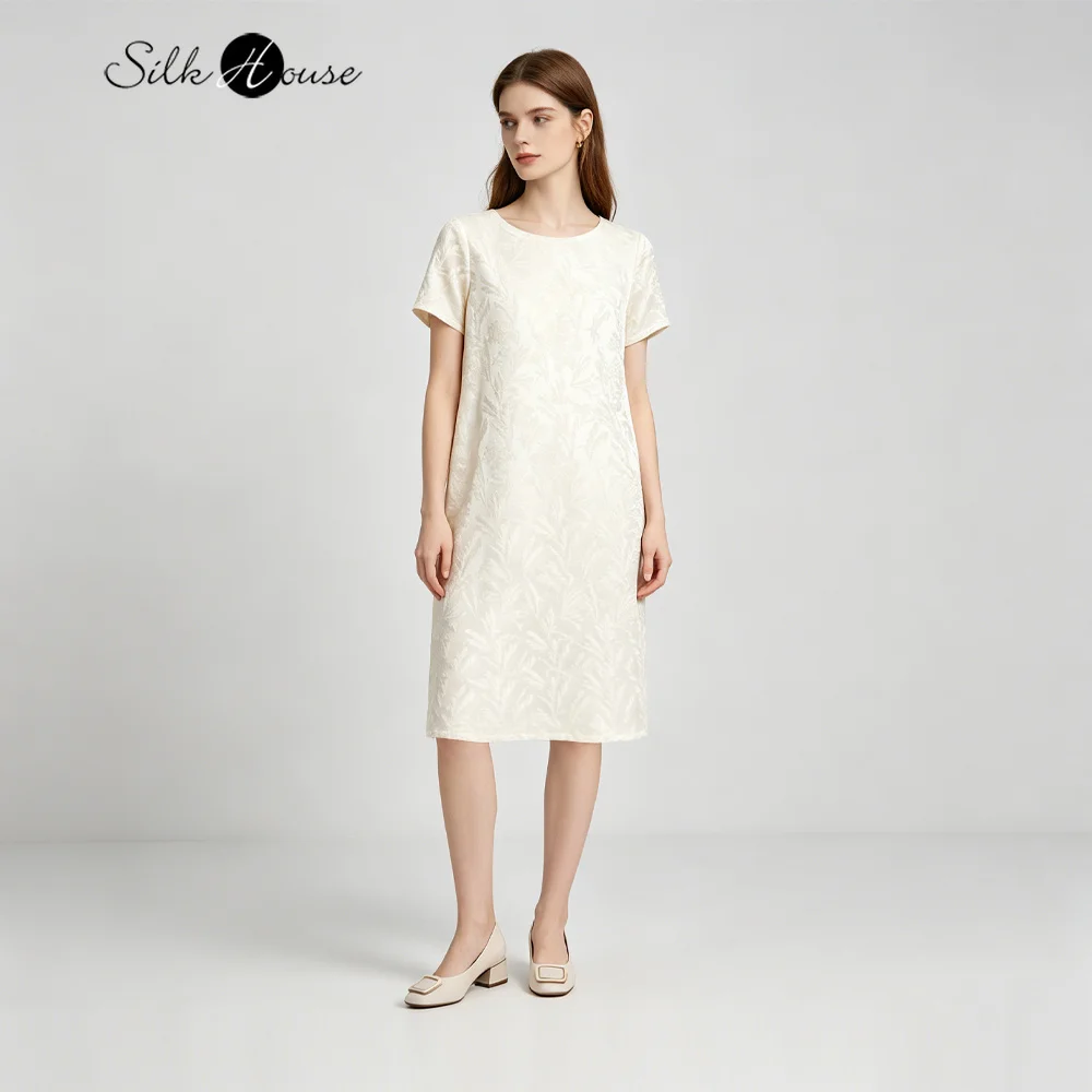 2026 Women's Summer New Mist White Bamboo Pattern 46% Natural Mulberry Silk 54% Wool Blended Versatile Round Neck Dress