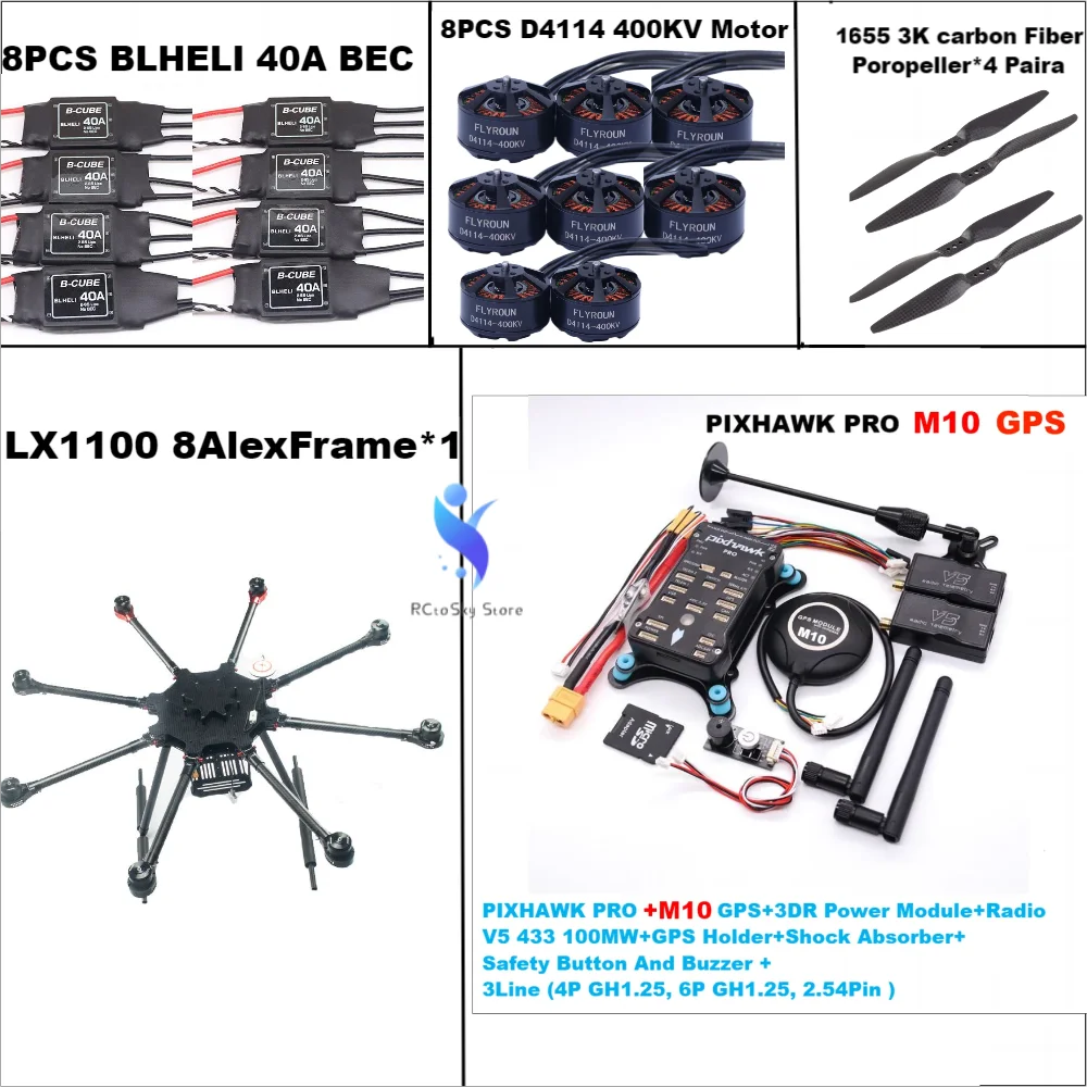 

LX1100 Full Carbon Fiber 1100mm Octa-Rotor Frame BLHELI 40A ESC PX4 Pixhawk PRO M10 Flight Comtrol Set D4114 Motor