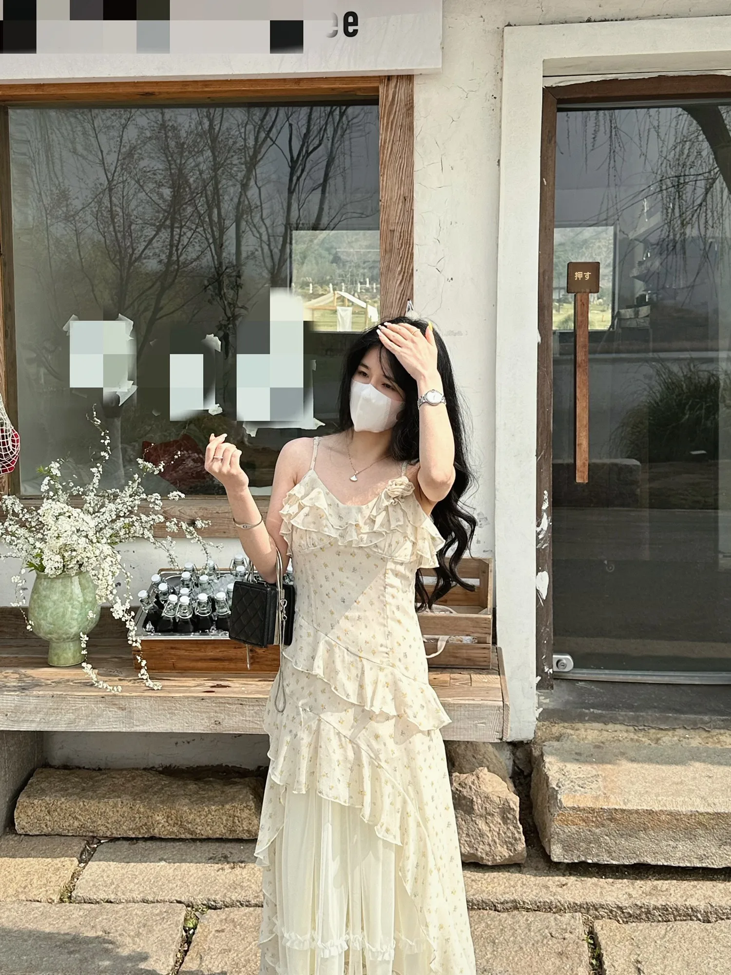 Romantic Floral Print Strap Dress Women's Puffy Sleeve Cake Skirt Slimming Long Korean Style Cotton Nylon Casual Dress