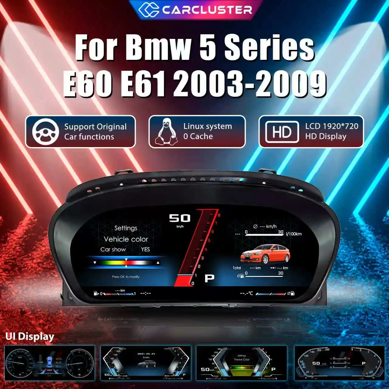 Carcluster 12,3'' Armaturenbrett für BMW 5er E60 E61 E63 Baujahre 2005-2010 Digitales Kombiinstrument mit Carplay-Unterstützung, HDMI-Panel, LCD-Tachometer, Virtuelles Cockpit (Original-Armaturenbrett