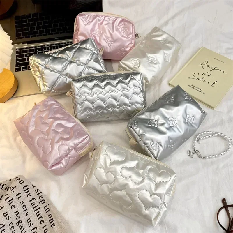 Silver Lingge Bow Pattern Makeup Bags for Women Fashion Cute Lady Girls Earphone Key Lipstick Cosmetic Storage Bag Zipper Pouch