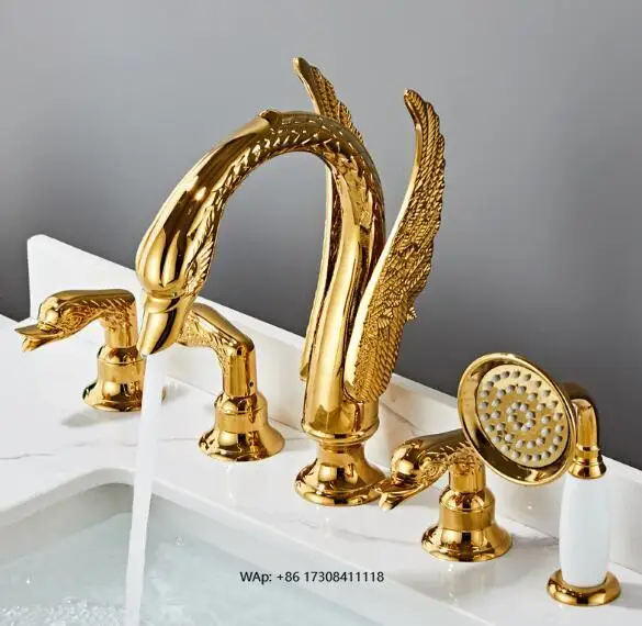 

European Luxury Design 5-piece Bathroom Set Gold Brass Deck Mounted Swan Bath Tap Shower Set with Hand Shower